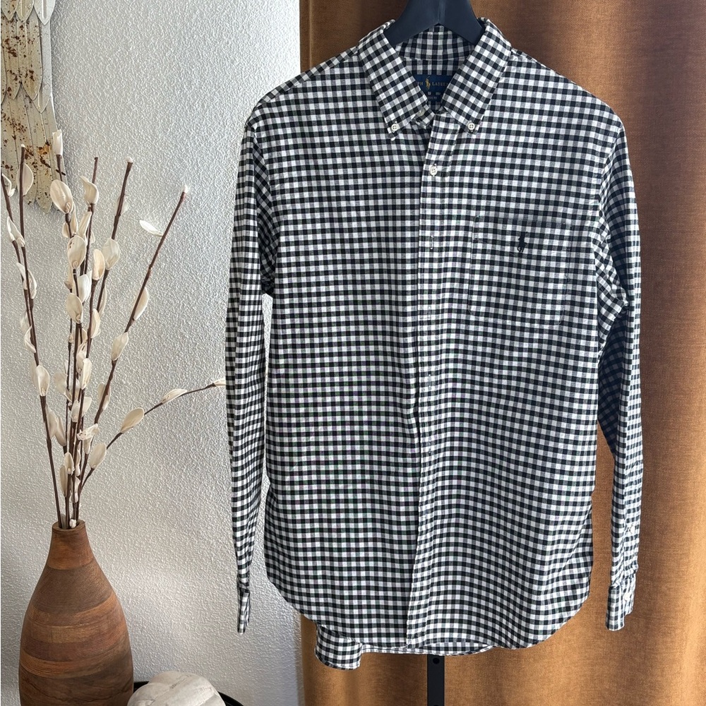 Ralph Lauren black gingham button up shirt, size large